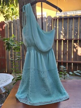 Gianni Bini Mint Green One Shoulder Smocked Waist Eyelet Hem Sundress S